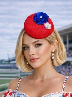 Kentucky Derby Hat Red Fascinator Royal Blue Sequin Floral Sinamay Button Base